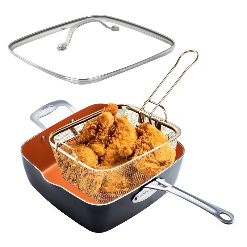 Gotham Steel Gotham Steel 9.5" Deep Squre Nonstick Pan with Steamer Tray, Fry Basket and Glass Lid
