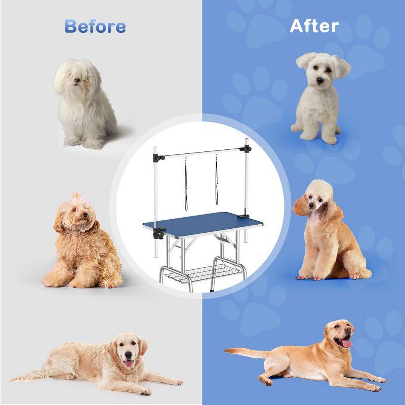 36in. Foldable Dog Grooming Table with Adjustable Height Arm for Home Pet Bathing in Blue