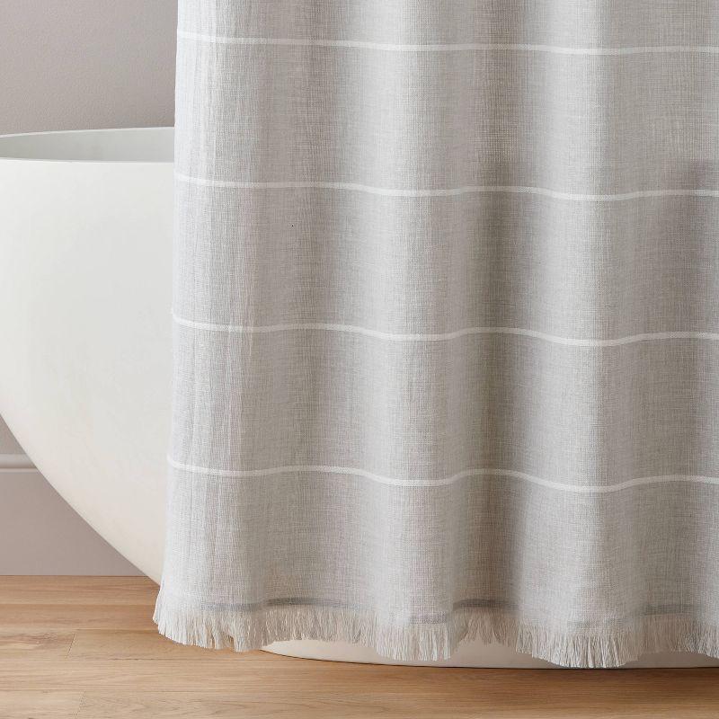 Horizontal Stripe Shower Curtain with Fringe Gray/Cream - Hearth & Hand™ with Magnolia: Cotton Blend, Dobby Weave, Buttonhole Top