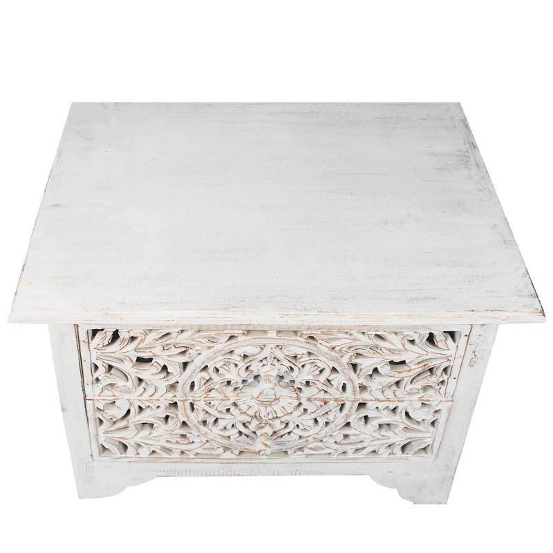 The Urban Port 24" Handcrafted Mango Wood Nightstand Side Table 2 Drawers Floral Carved Cut Out Design Antique White
