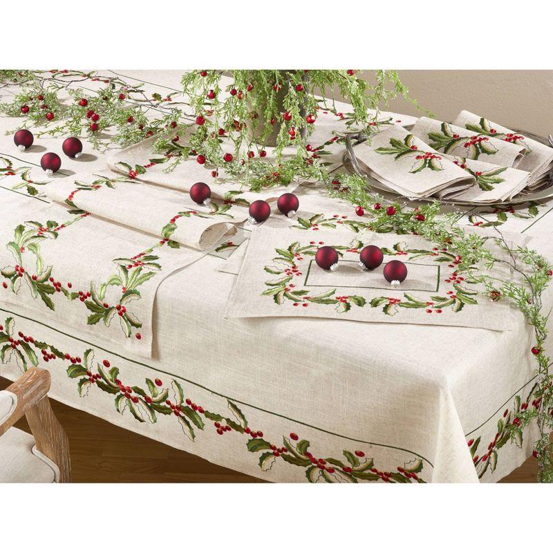 Natural Embroidered Holly Design Table Runner 16" x 54"