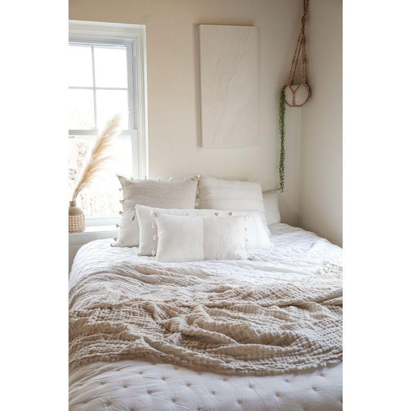 Natural Beige and White Linen Pillow with Tassels