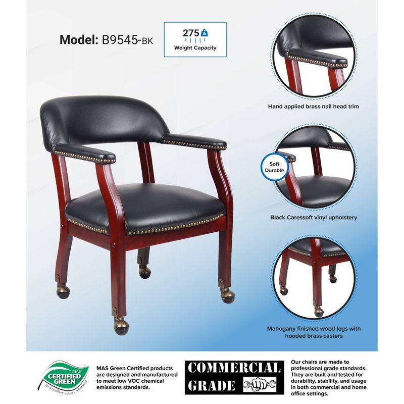 Captain's Chair with Casters Black - Boss Office Products: Mahogany Base, Vinyl Upholstery, Brass Castors