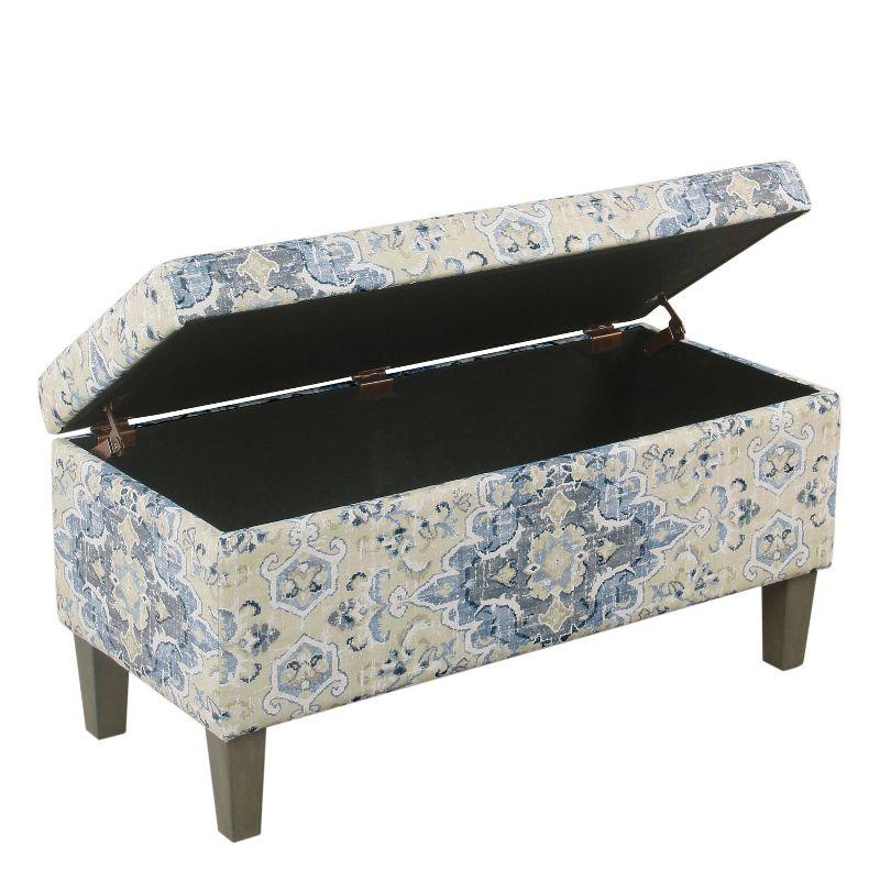 Antiqued Blue and Cream Medallion 36" Storage Bench with Graywash Legs