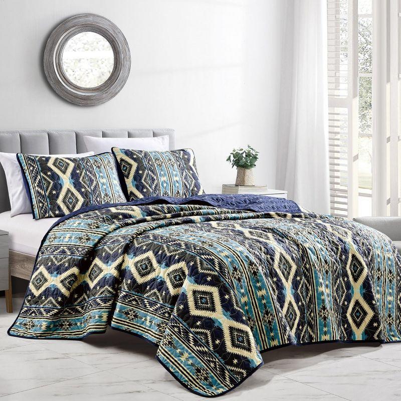 Blue Organic Cotton Reversible Queen Bedspread Set