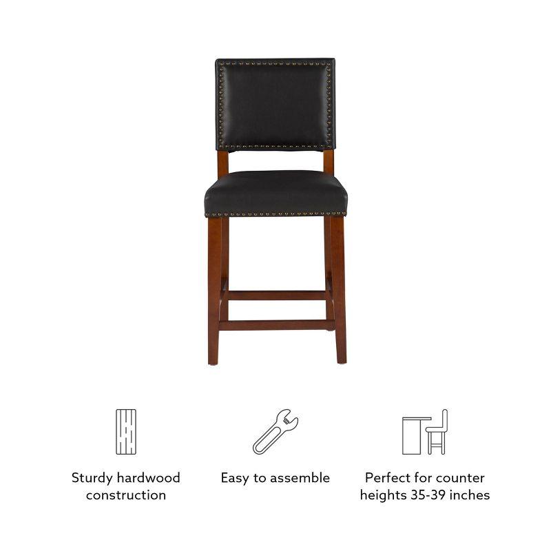 24" Brook Padded Back Faux Leather Nailhead Counter Height Barstool Black - Linon: Cherry-Stained Legs, Footrails