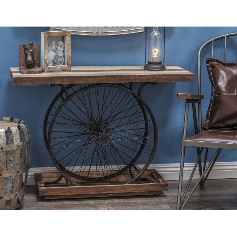 Olivia & May Industrial Wheel Console Table Brown: Iron Frame, Wood Top, Entryway Furniture