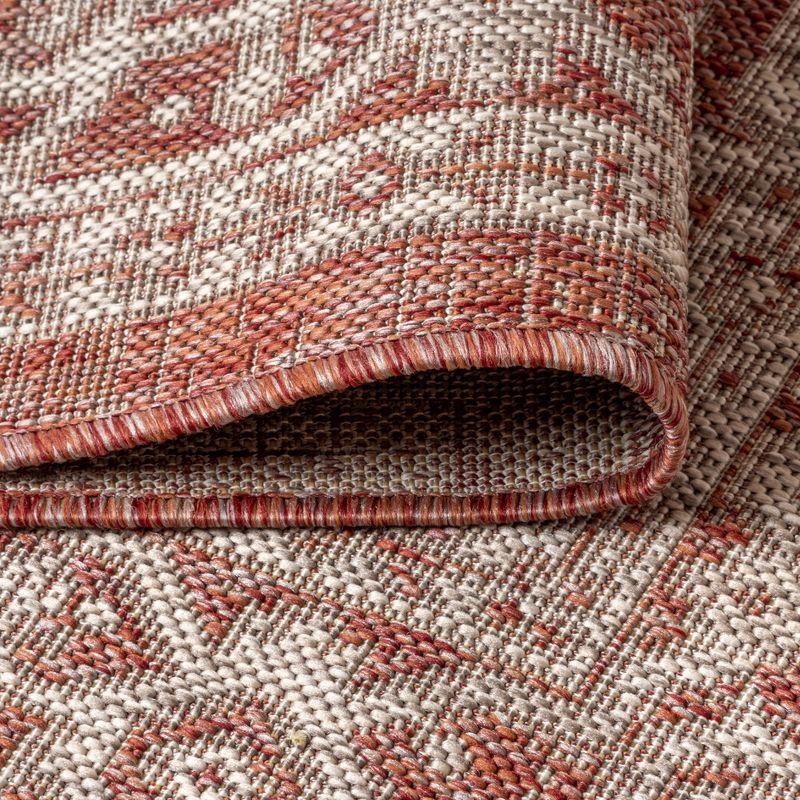 5' Square Sinjuri Medallion Textured Weave Indoor/Outdoor Area Rug, Red/Taupe - JONATHAN Y