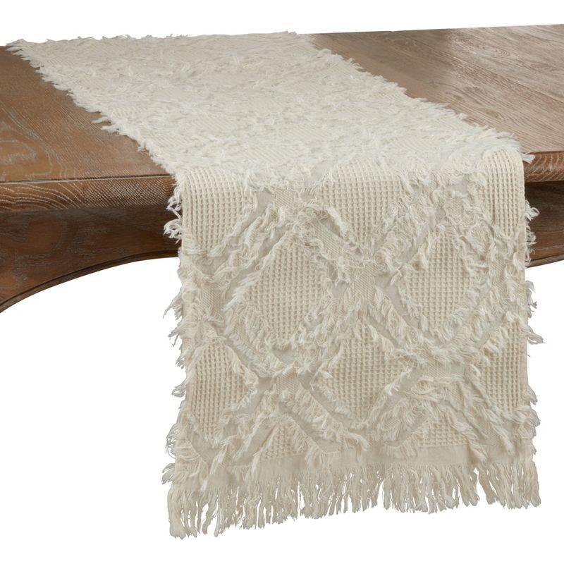 Saro Lifestyle Fringe Design Waffle Weave Table Runner, Ivory, 16" x 72"