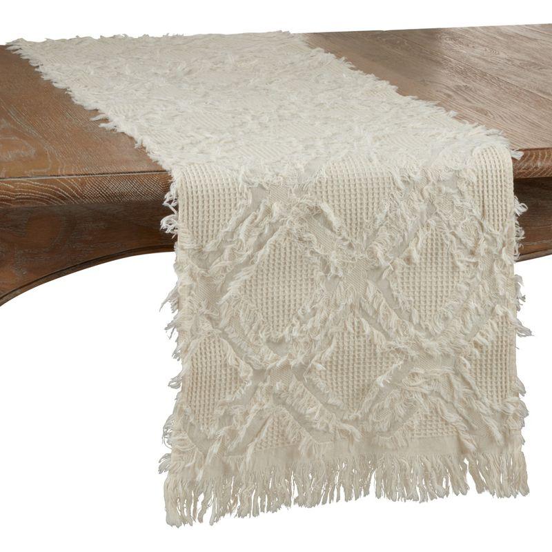 Ivory Cotton Fringe Waffle Weave Table Runner, 16" x 72"