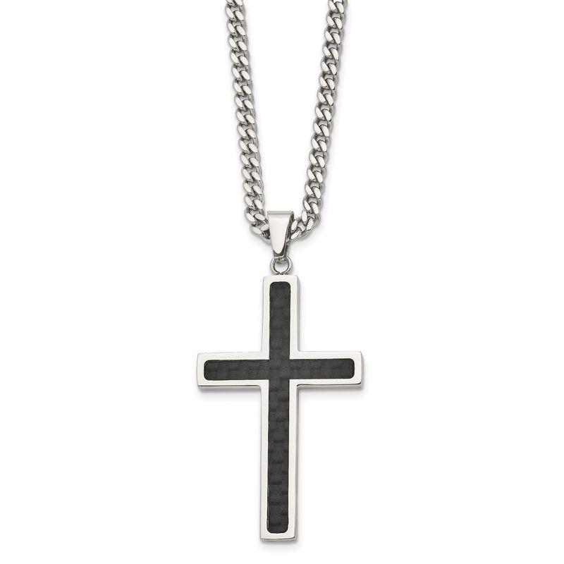 Men's Stainless Steel and Black Carbon Fiber Cross Pendant Necklace