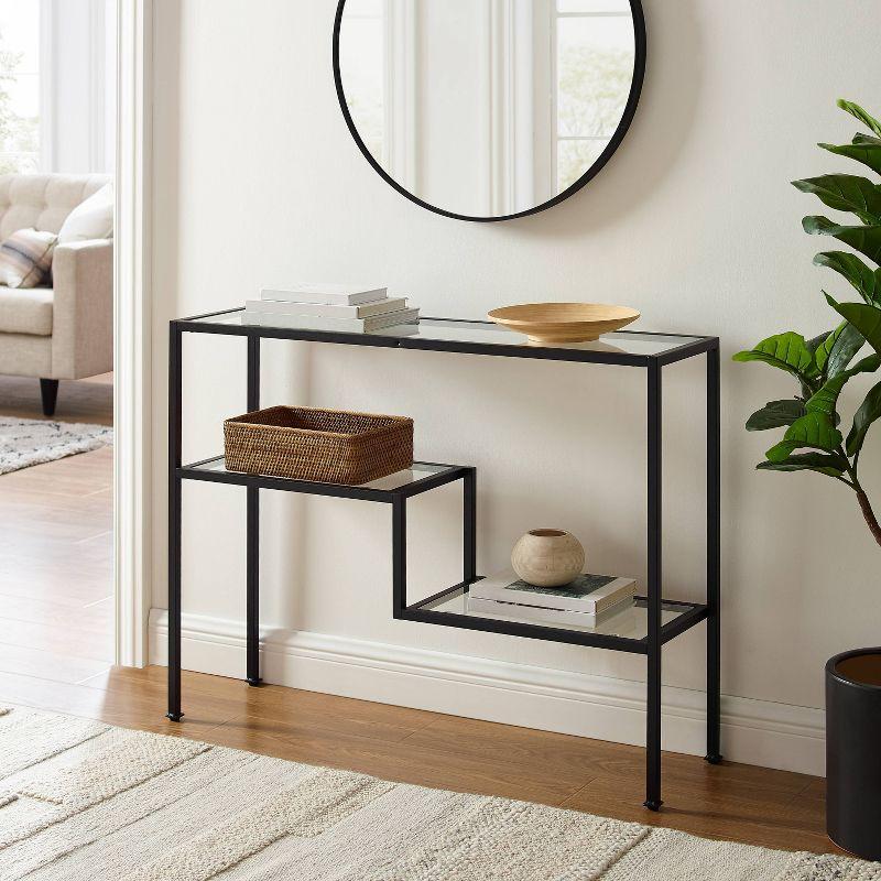 Matte Black Steel and Glass Console Table with Storage