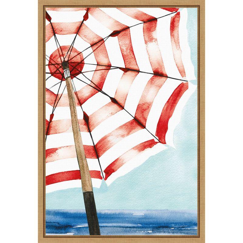 Red and White Striped Umbrella Beach Scene Canvas Art