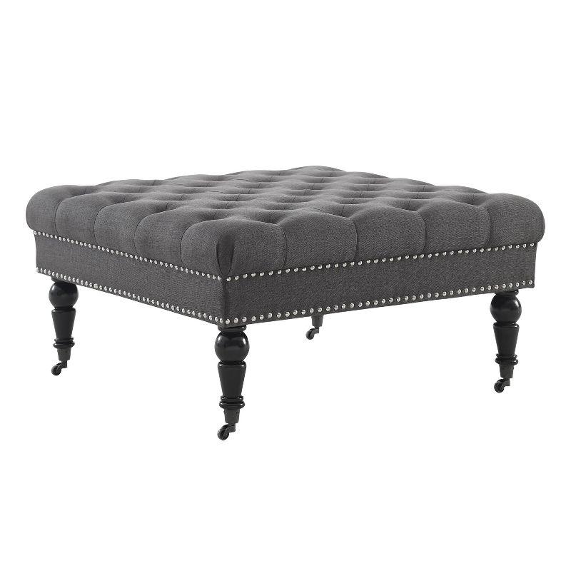 Isabelle Charcoal Linen 35" Square Tufted Ottoman with Nailhead Trim