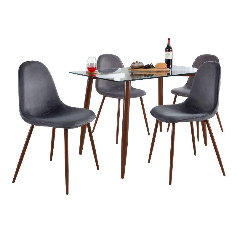 5-Piece Clear Glass Top Dining Set with Gray Velvet Chairs