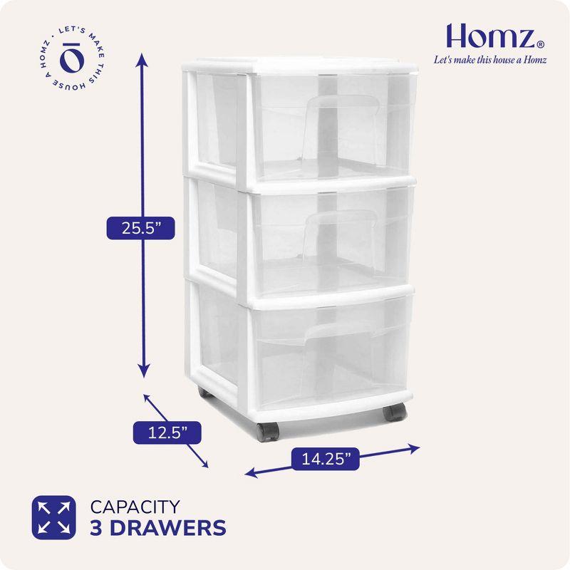 HOMZ Drawer Tower, 3-Tier Clear Plastic Storage Organizer Cart, White Frame - Heavy-Duty Organizing Drawers for Home, Bedroom, and Closet Organization