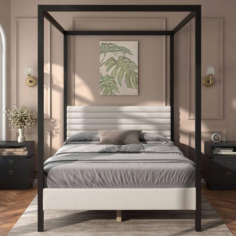 HOMES: Inside + Out Queen Aquis Canopy Platform Bed with Boucle Upholstered Headboard White