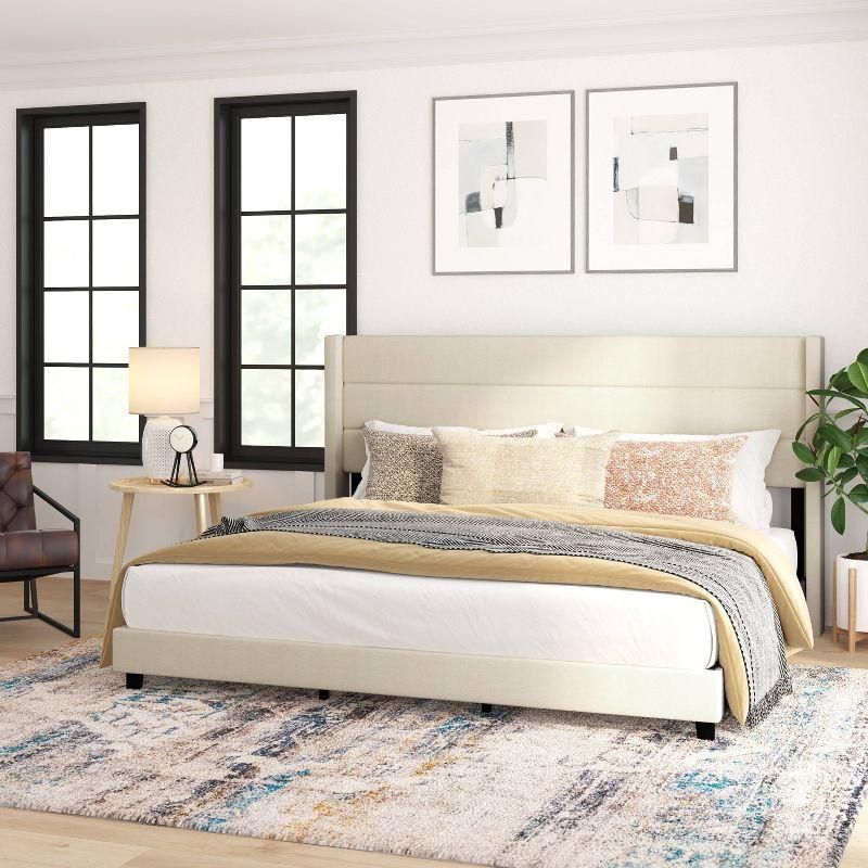 Taylor & Logan King 47" High Hilton Platform Bed Beige: Wingback Headboard, Faux Linen, Foam Padding, Wooden Slat Support