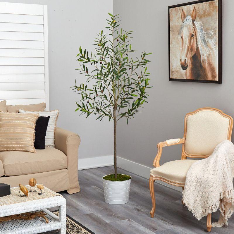 Nearly Natural 70-in Olive Artificial Tree in White Tin Planter