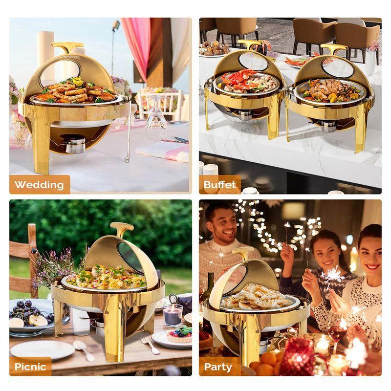 6 QT Gold Roll Top Round Chafing Dish Buffet Set with Glass Window