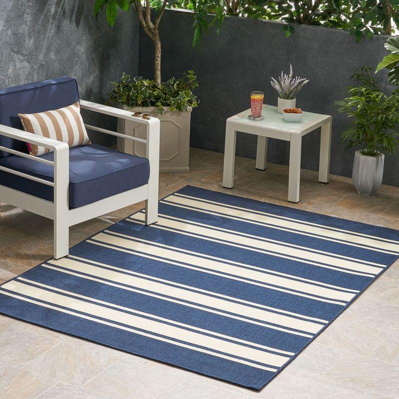 GDFStudio Coriander 5'3" x 7' Outdoor Striped Area Rug, Navy/Ivory