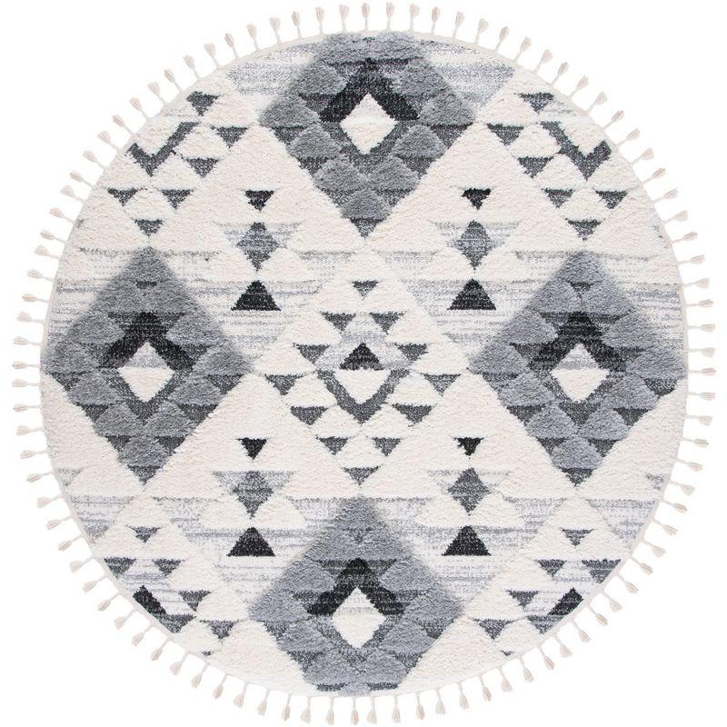 Ivory and Grey Diamond Braided Shag Rug, 3 ft Round