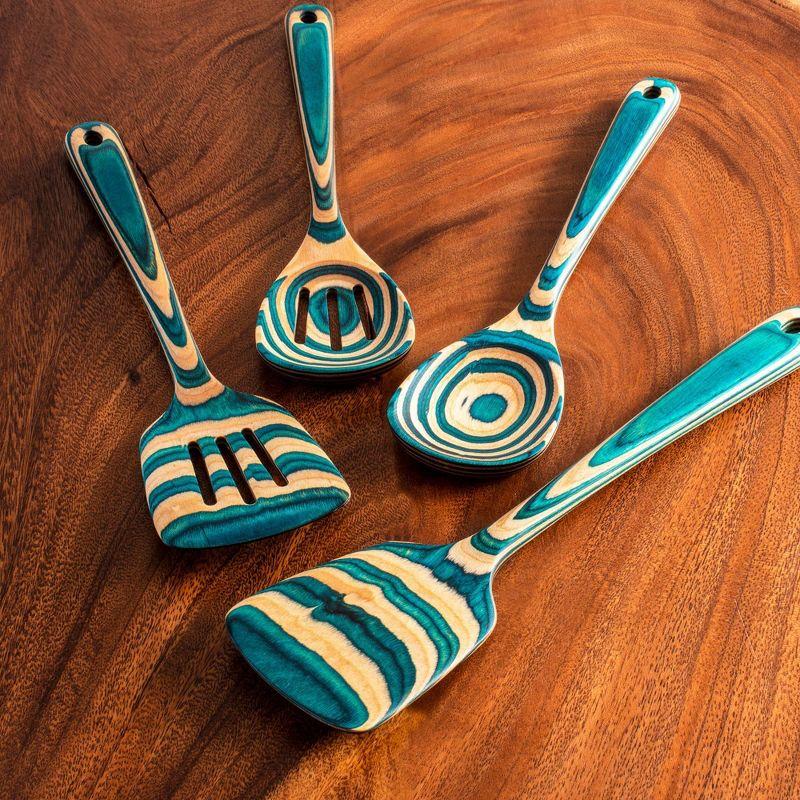 Baltique 7pc Mykonos Kitchen Utensil Set: Wooden Cooking Utensils, Spurtle, Large Soup Utensil, Blue, Hand Wash