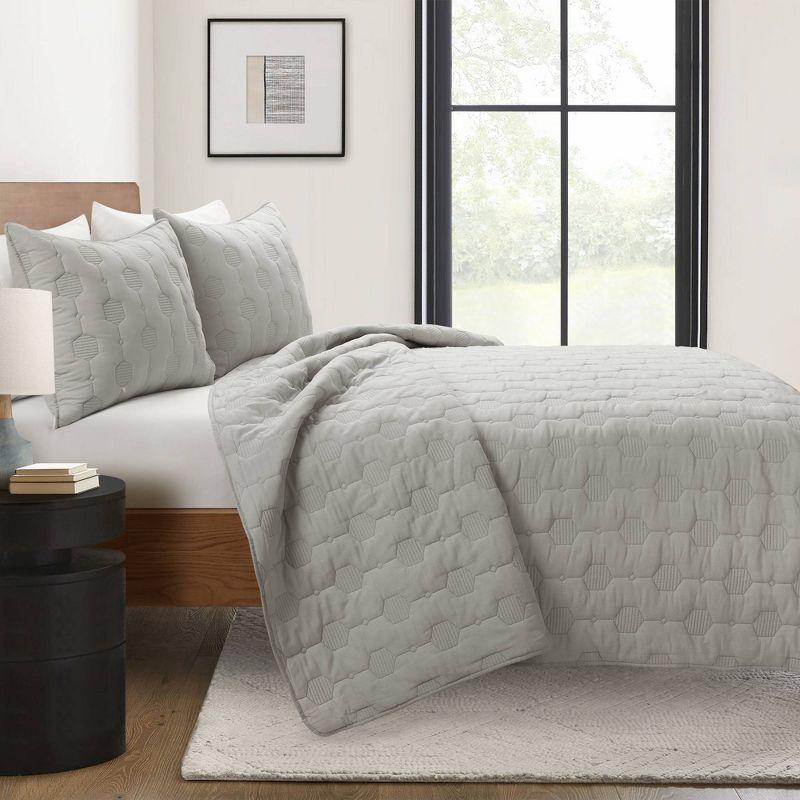 3pc Hexagon Honeycomb Textured Cotton Quilt Set Gray - Lush Décor