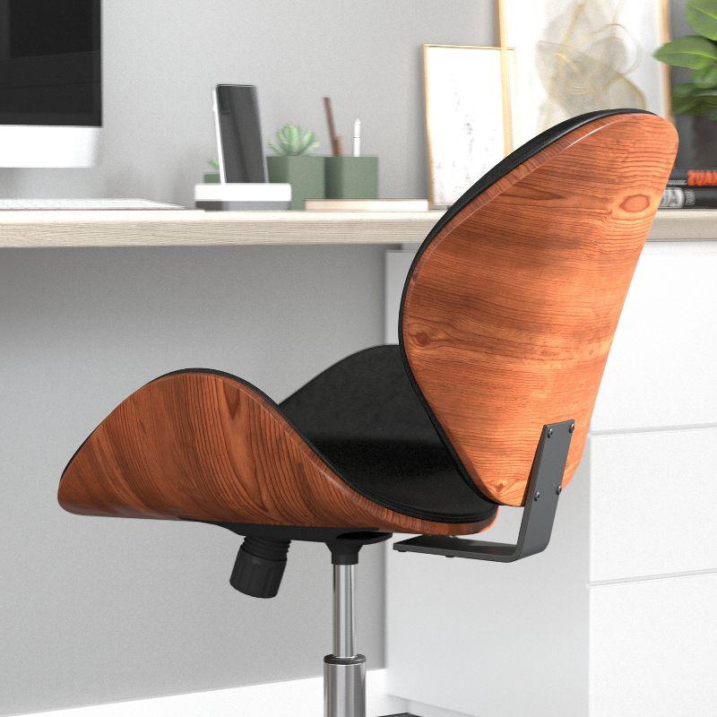 Walnut Frame Black Leather Mid-Back Executive Swivel Office Chair