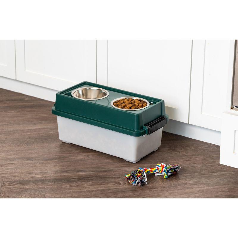 Green Elevated Dog Feeder with Airtight Storage and Stainless Steel Bowls