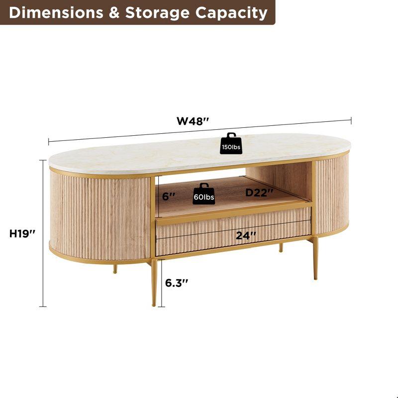 Everly Quinn Modern Fluted Coffee Table, 48" Oval Coffee Table with Drawer,Curved Profile Design,Center Table for Living Room