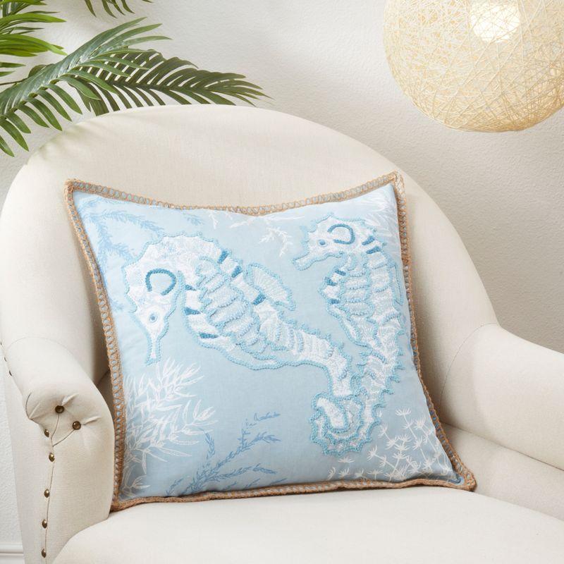 Blue Cotton Seahorse Design Square Throw Pillow Cover