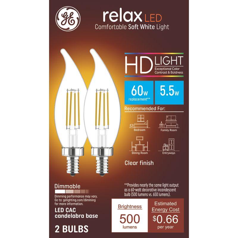 GE 2pk 60W Clear Relax LED Decorative Light Bulbs Soft White: Candelabra E12 Base, Dimmable, Energy Star Certified
