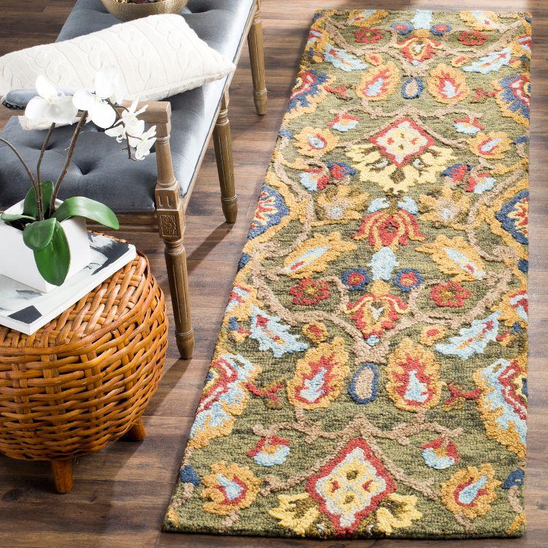 Handmade Green and Multi Wool Floral Runner Rug