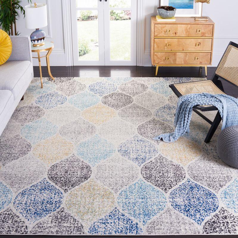 Ivory and Blue Square Synthetic Stain-Resistant Area Rug