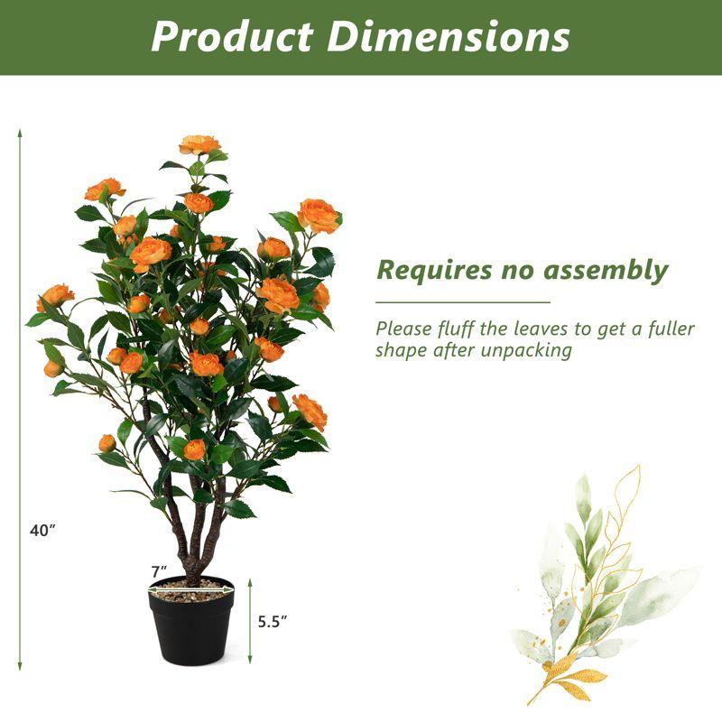 Tangkula 40" Artificial Camellia Tree Faux Flower Plant Artificial Tree in Cement Pot Greenery Potted Plant for Outdoor & Indoor Decor