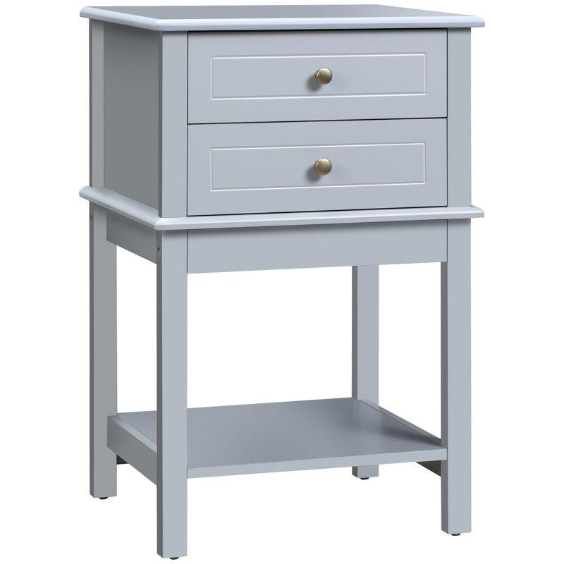 Light Gray MDF Side Table with Storage Drawers and Shelf