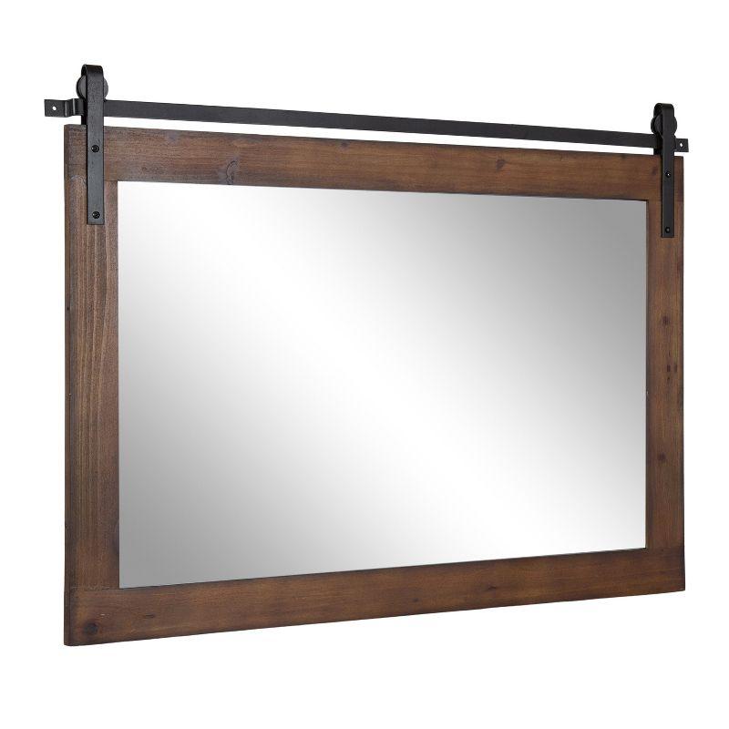 Walnut Brown Farmhouse Barn Door Wall Mirror with Metal Brackets