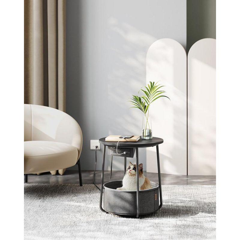 VASAGLE Side Table with Charging Station, Round End Table With Fabric Basket, Nightstand with Power Outlets USB Ports Ebony Black and Slate Gray
