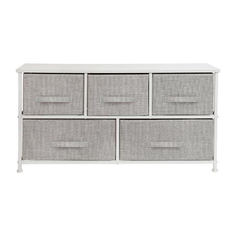 Flash Furniture 5 Drawer Wood Top White Cast Iron Frame Vertical Storage Dresser with Light Gray Easy Pull Fabric Drawers