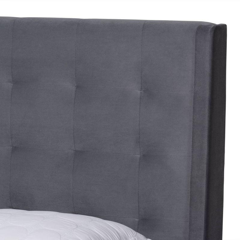 Gothard Modern Grey Velvet & Dark Brown Wood Queen Platform Bed