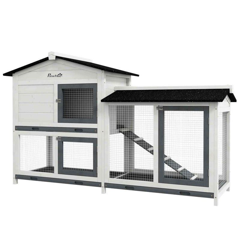 PawHut 2-Story Rabbit Hutch Wooden Bunny Hutch Cage Small Animal House with Ramp No Leak Tray Weatherproof Roof and Outdoor Run Indoor/Outdoor