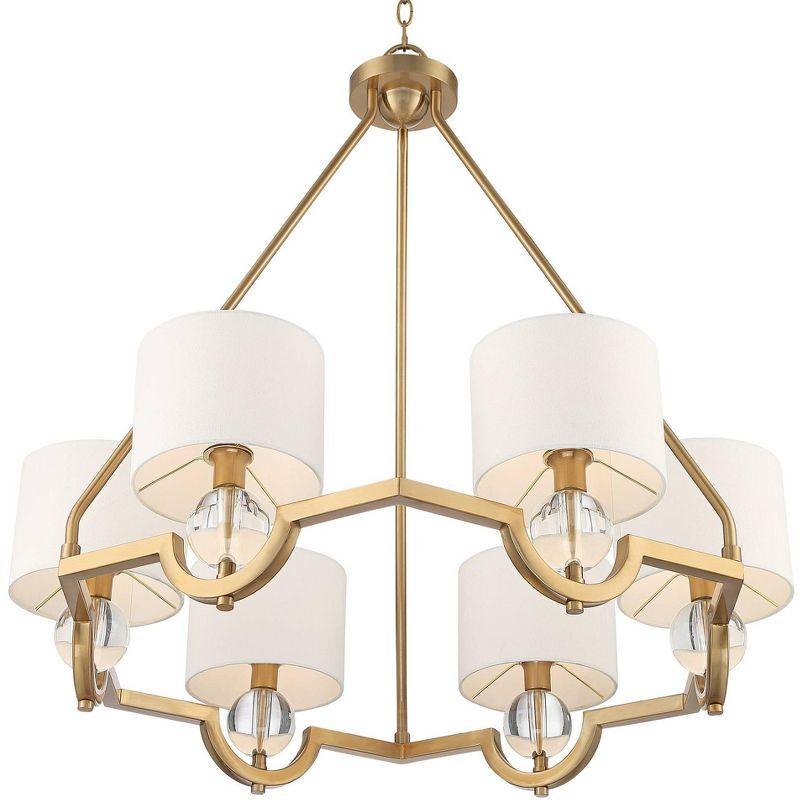 Stiffel Warm Brass Chandelier 32" Wide Modern Clear Crystal Off White Drum Shade 6-Light Fixture for Dining Room House Kitchen