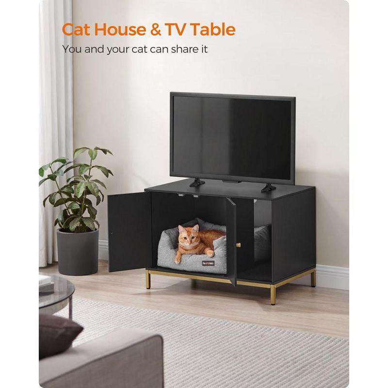 Feandrea Litter Box Enclosure, Modern Furniture with Scratching Mat, Cat House Simply Black and Metallic Gold