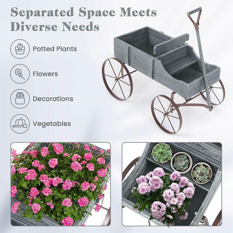 Wooden Wagon Plant Bed With Metal Wheels For Garden Yard Patio