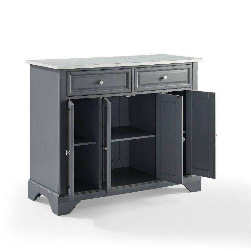 One Allium Way® Kitchen Island With Storage Shelves, Microwave Stand, Coffee Bar, Gray - Birch Veneer, Marble Finish, 2 Drawers & 3 Cabinets, Brushed Nickel Hardware
