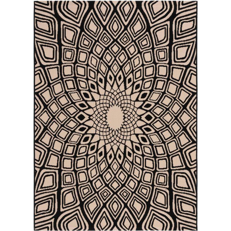 Geometric Black and Beige Synthetic Outdoor Area Rug