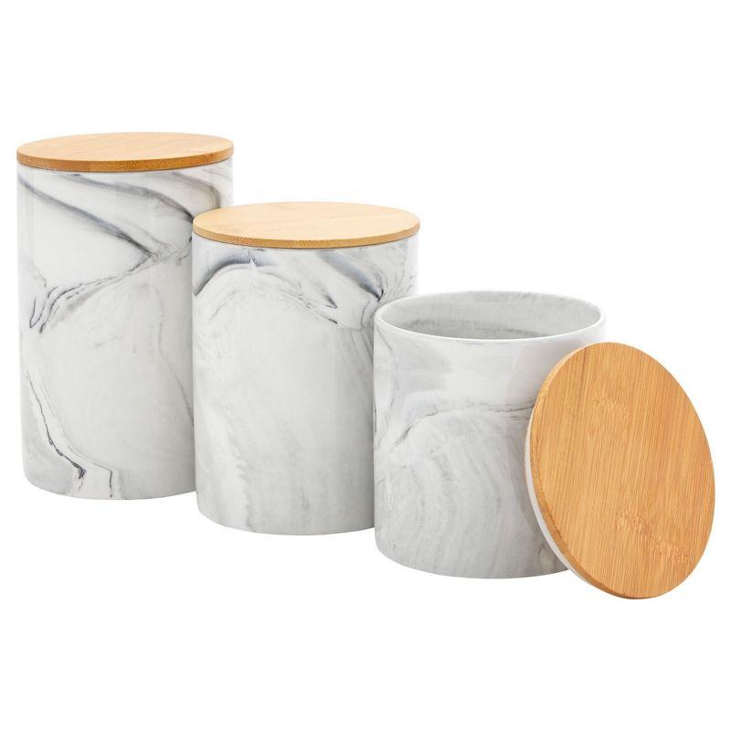 Farmlyn Creek Set of 3 Marble Ceramic Canisters with Wooden Bamboo Lids, Kitchen Counter Containers, Food Storage Jars, 3 Sizes