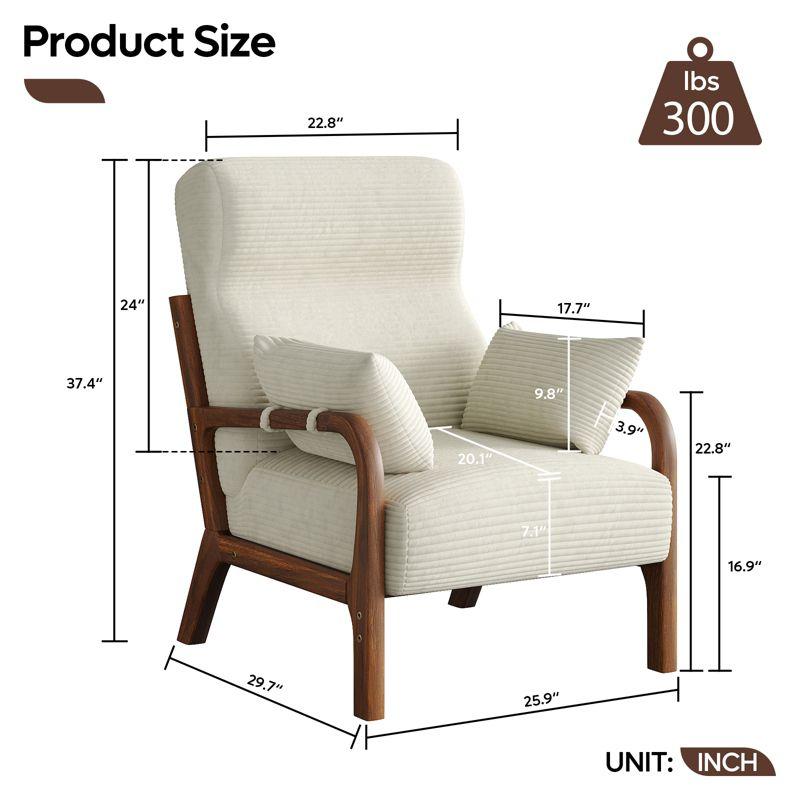 Bestier Mid Century Accent Chair Heightened Headrest with Removable Armrest Pillows,with Solid Wood Frame for Living Room, Bedroom, White