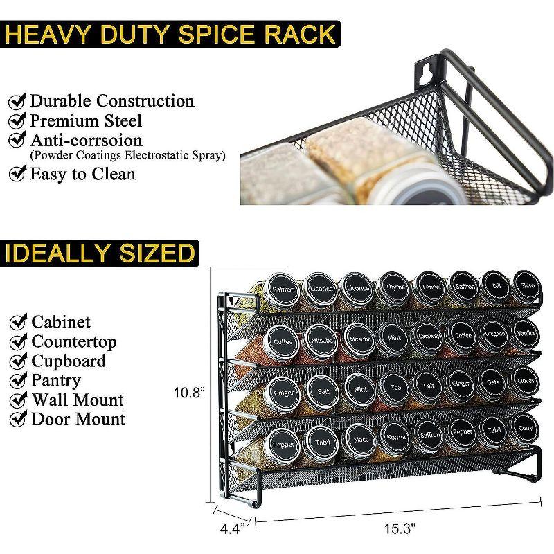 Spice Rack Organizer with 28 Spice Jars - Includes 386 Spice Labels, Chalk Marker, and Funnel Set for Cabinet, Countertop, Pantry, Cupboard, or Door & Wall Mount, 13.4" W × 10.8" H, Black